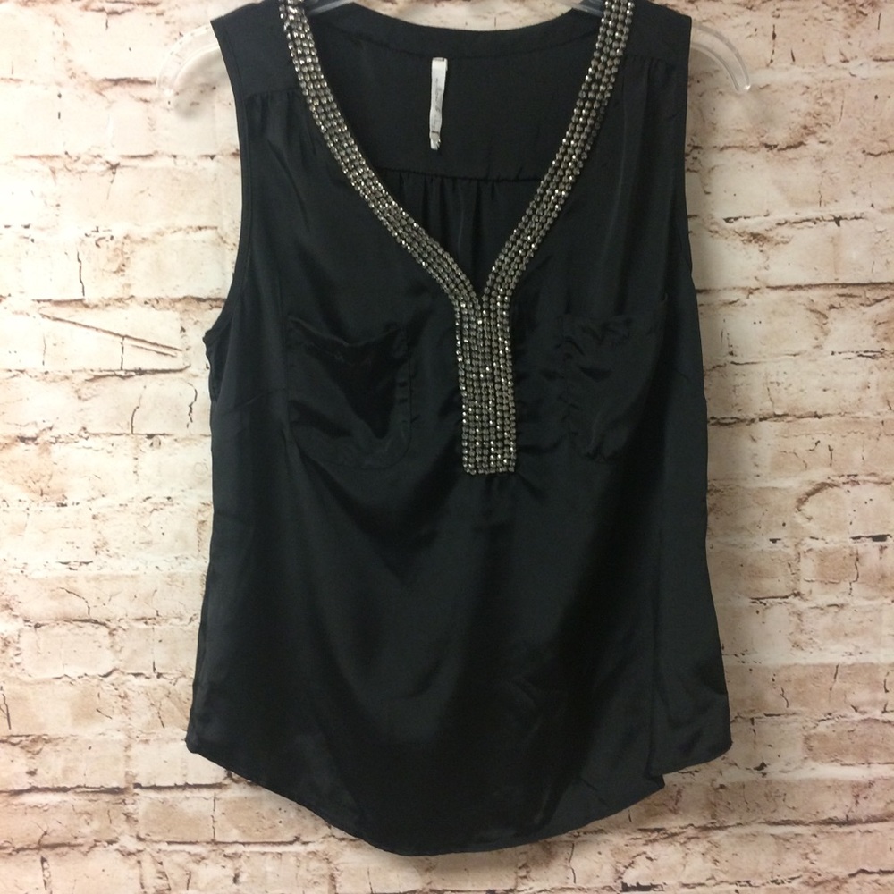 Willow and Clay Black V Neck Top with Rhinestones